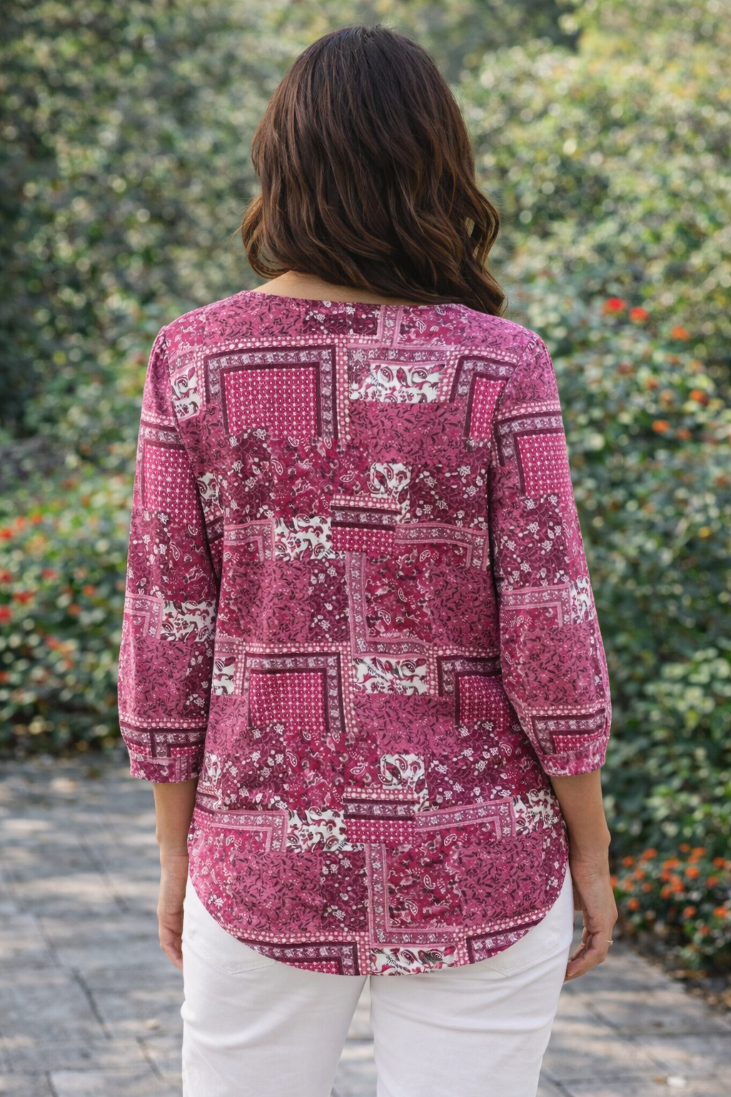 Garden-stroll-in-patterned-blouse.png Elegant Pink Patchwork Printed Ladies Top - Image 2